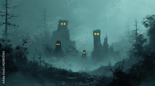 Develop a horror landscape featuring unsettling imagery. Use basic shapes and muted tones to depict a barren, rocky terrain with eerie, glowing eyes peering from the darkness. Add subtle shadows and