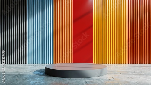 A modern, empty stage with a round platform in front of a colorful, vertically striped wall. The wall features stripes in blue, black, red, and orange. The setting is well-lit with natural light