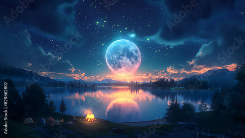 An photorealistic but still fantasy styled landscape with lake and camground. Camping peaople with a campfire, the sky is clean, beautiful stars and the moon is in the center, the moon is glowing and 