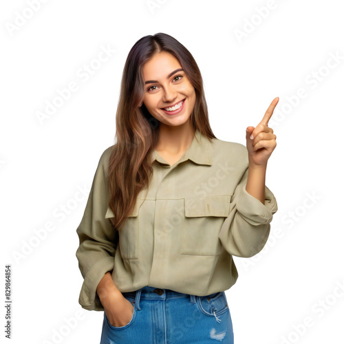 Smiling woman pointing up in casual outfit transparent background