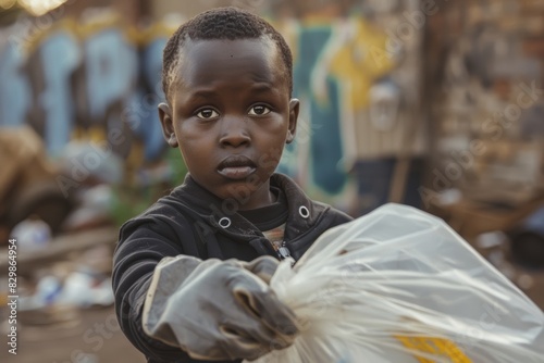 A young Black boy participating in a clean-up activity by holding a bag of garbage
