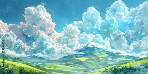 green hills and blue sky with white clouds