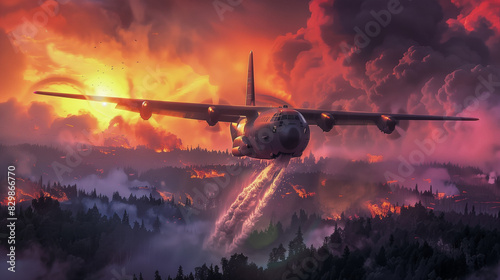 Airplane Dropping Fire Retardant Over Forest at Sunset