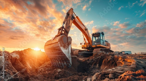 Backhoe working by digging soil at construction site. Crawler excavator digging on soil. Excavation vehicle.