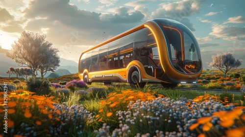 A futuristic bus is driving through a field of flowers