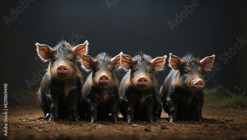 Four piglets wearing top hats and bow ties are sitting in a row against a dark background.