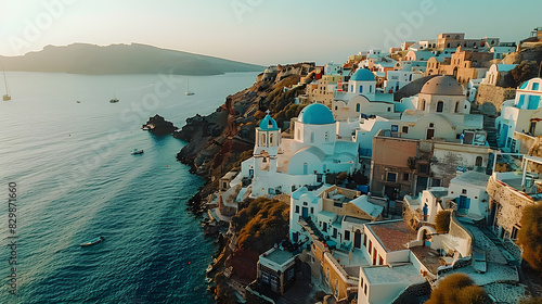 A photo featuring the iconic white-washed buildings of Santorini captured from an aerial perspective with a drone. Highlighting the blue-domed churches and winding alleys, while surrounded by the spar