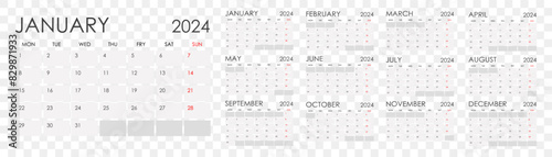 Calendar 2024. Calendar 2024 week starts Sunday. Set of ready to print monthly pages. Corporate minimal clean design 2024 calendar