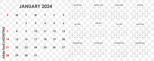 Calendar for 2024. The week starts on Sunday. Set for 12 months.