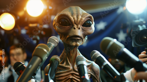 An alien who speaks to reporters while looking into the camera at a press conference in front of a group of microphones. Its otherworldly features arouse interest and surprise on the part of observers