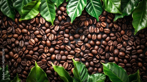 Fresh coffee beans with coffee leaves, decorated as a beautiful picture, beautiful composition Suitable for decorative cutting