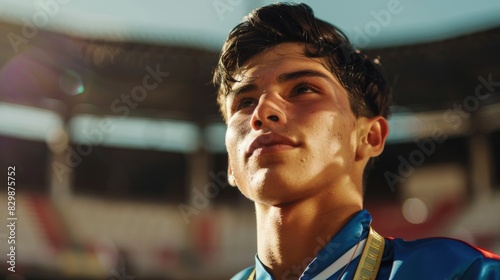 Athletic Latino Olympic champion filled with protein and gold medal baffled experiences uncertainty and lack of confidence