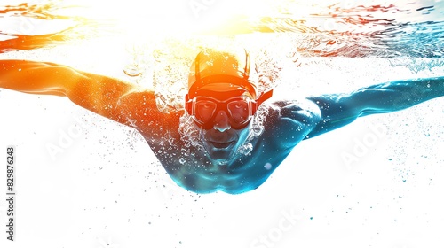 Athlete doing butterfly stroke, isolate on white background, focus on, bright hues, Double exposure silhouette with strength and fluidity