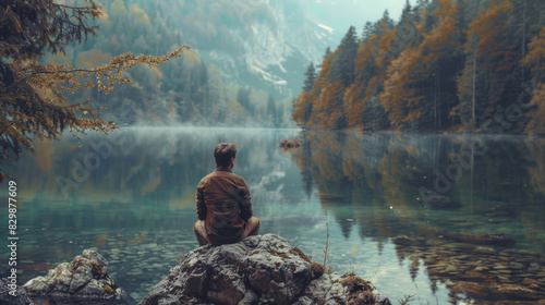 Man sitting by tranquil lake with autumn forest background