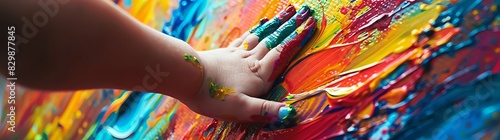 A child's hand painting with vibrant colors on an abstract canvas, creating a colorful masterpiece of art and creativity. Closeup shot capturing the joyous expression while playing with paint. Artisti