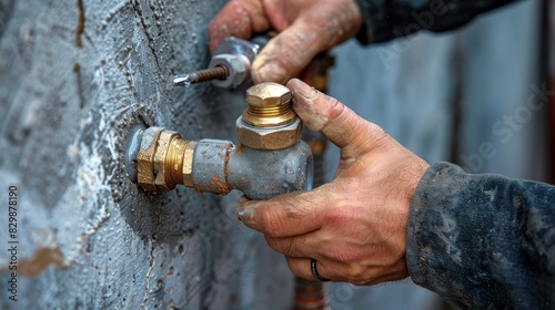 Detailed view of a plumber's hands using a wrench to tighten water pipes on a grey concrete wall, focusing on the precision of the connection