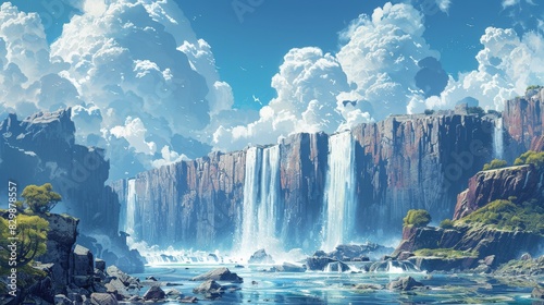An imaginative landscape where gravity seems to defy itself, with waterfalls flowing upwards into the sky. The surreal scenery is depicted in a clean and simplistic digital style, highlighting the