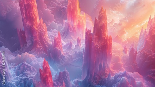 A fantastical landscape featuring towering, translucent spires that reach towards a sky filled with swirling colors. The ethereal and surreal scenery is depicted with simplicity and elegance in this