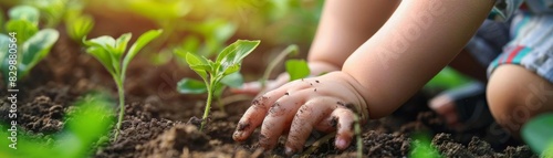 Childs hand planting a seedling in the garden, with soil clinging to small fingers