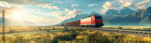AIpowered freight train transporting goods across vast landscapes, focusing on logistics and efficiency