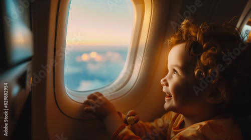 there is a little boy that is looking out of an airplane window