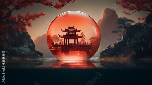 there is a red ball with a pagoda inside of it