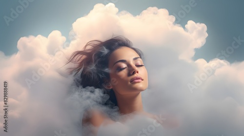 Beautiful woman surrounded by clouds. Restless mood and relaxation concept. Generative AI.