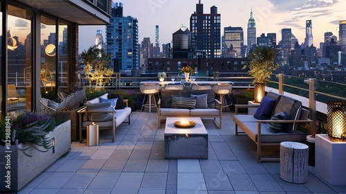 Contemporary rooftop terrace overlooking the urban city with skyscraper views.