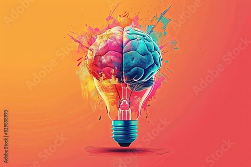 Light bulb and colorful brain. Concept of idea, creativity, inspiration, intelligence, thinking, and brainstorming.