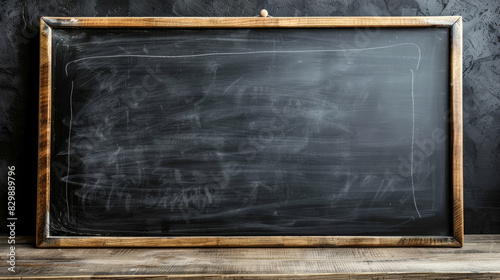 traditional black blank school blackboard with wooden frame on the wall, copyspace in the center, beginning or end of the school or university academic year