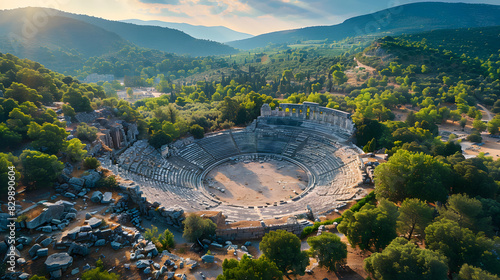 A photo featuring the ancient theater of Epidaurus captured from an aerial perspective with a drone. Highlighting the well-preserved stone seats and stage, while surrounded by the lush greenery of the