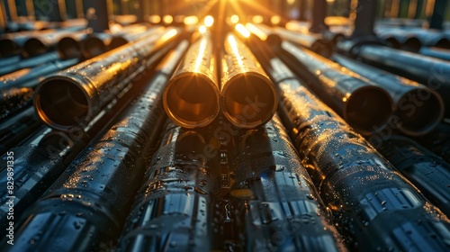 Black PVC plastic pipes stacked in a large outdoor lot, with sun rays filtering through, highlighting the contrast between light and shadow on the pipes
