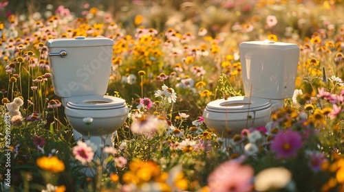 A pristine white toilet bowl stands in a vibrant field of blooming wildflowers, sunlight casting gentle shadows, evoking freshness