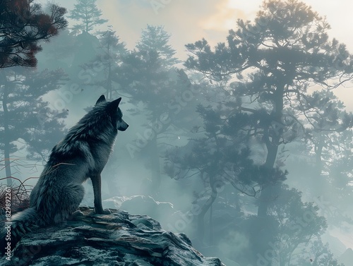 Lone Wolf Keeping Vigil Atop Misty Mountain Pines