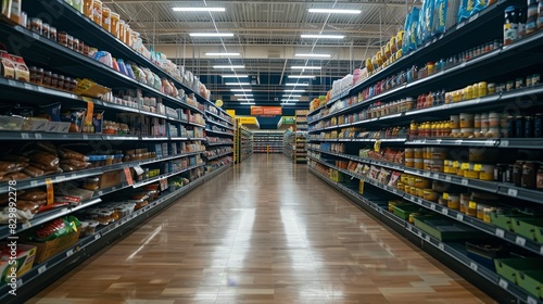 A supermarket aisle with completely empty shelves, a sense of desolation and silence, reflecting store closure