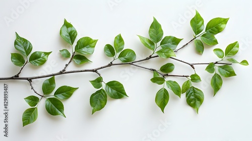 A branch of MAHogany tree with green leaves on white background, flat lay.