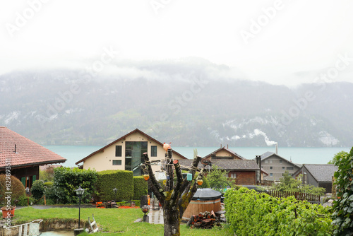 Brienz town on Lake Brienz by Interlaken, Switzerland, with snow covered Alps mountains in background