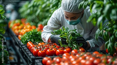 A woman wearing a mask is picking up a tomato