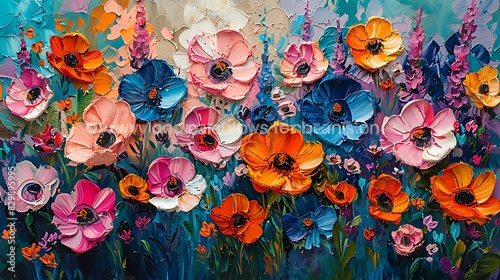 A wildflower meadow depicted in abstract expressionism, bold and vivid brushstrokes, diverse and bright colors, flowers bursting with energy, dynamic composition
