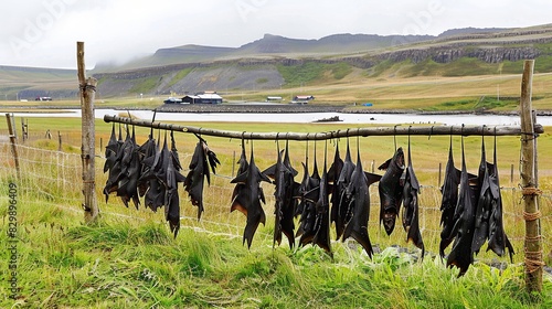 Nice Fermented shark Hakarl hanging to dry in Iceland. Generative Ai