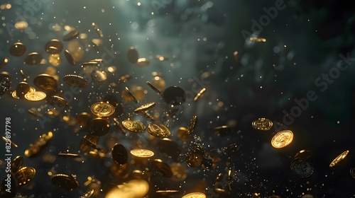 A dark background with gold and black coins falling from the sky, creating an atmosphere of luxury.