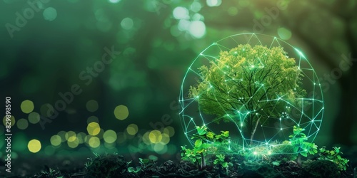 Growing tree inside glowing sphere. The concept of protecting the environment and ecology.