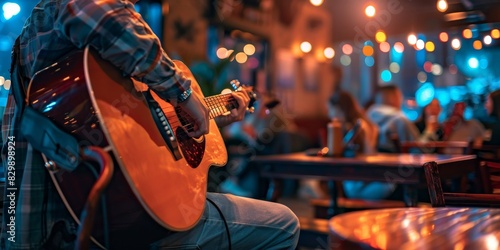 Man playing guitar in bar with warm atmosphere