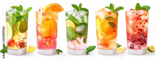 This mojito set features different types of long drinks with ice and mint leaves