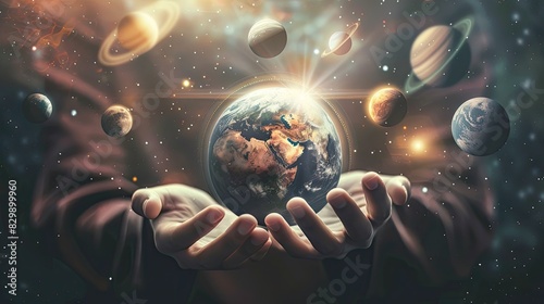 A sphere of earth floating in hands, many planets around it, universe background