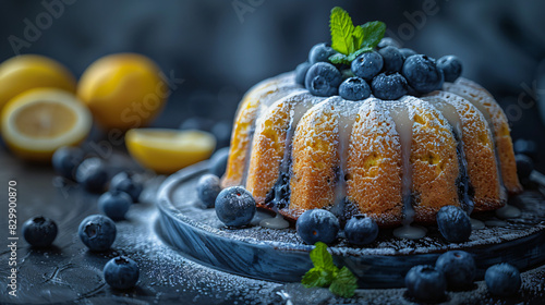 Freshly baked blueberry lemon pound cake dusted