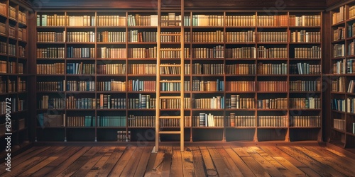 A large library with wooden shelves full of books and a wooden ladder to reach the top shelves.
