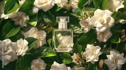 elegant white perfume bottle surrounded by gardenia flowers luxurious fragrance product shot