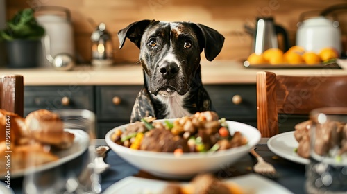 Dog sitting at a table with food