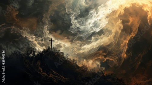 ethereal light and swirling clouds surrounding the holy cross on golgotha hill evoking a sense of divine presence digital painting